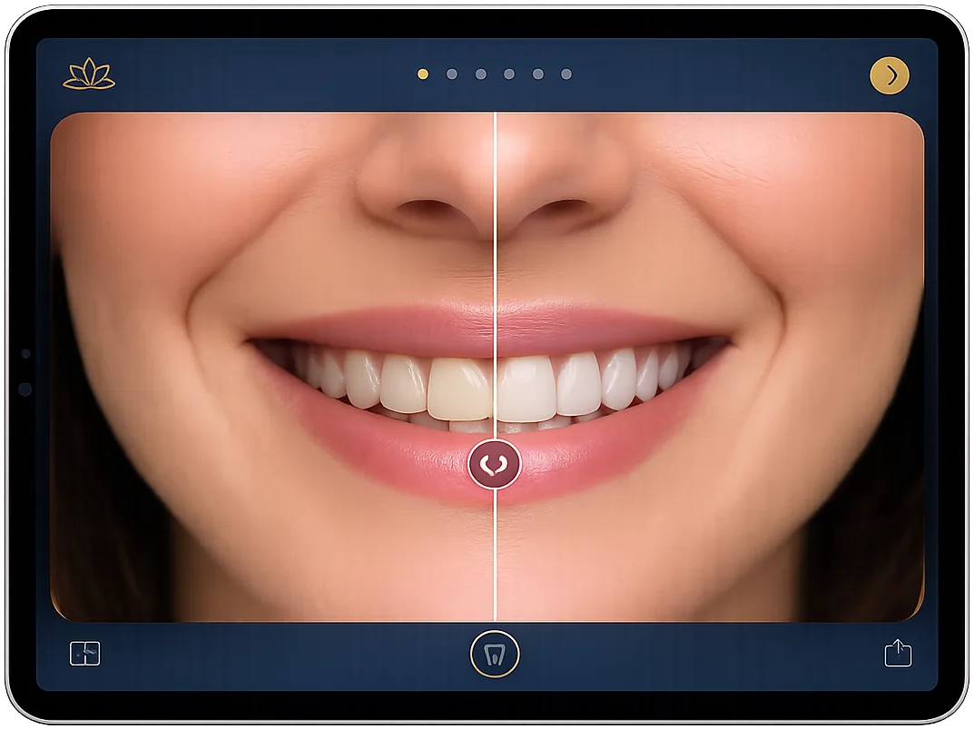 Preview del diseño de sonrisa en un iPad — antes y después